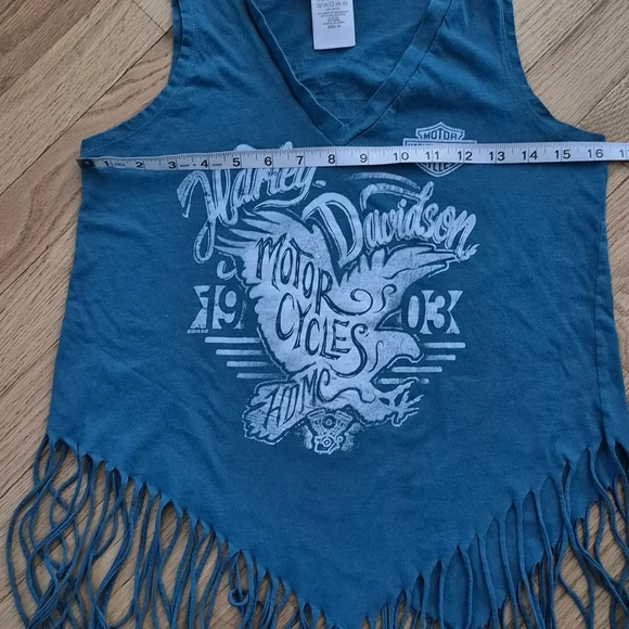 Harley Davidson Women's Medium Greenish Blue V Neck Fringe Tank Top EUC - Picture 4 of 4